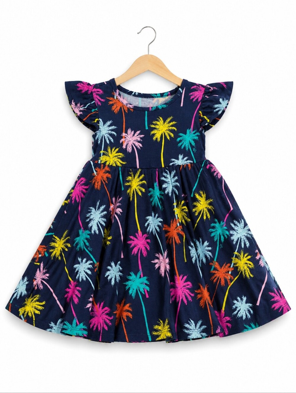 Posh Peanut Navy Palm Tree Flutter Sleeve Dress with Neon Palms